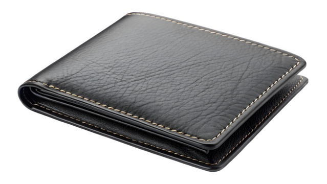 Stylish black leather wallet isolated on transparent background for secure storage