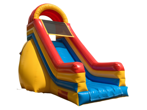 Colorful inflatable bounce house slide on a transparent background