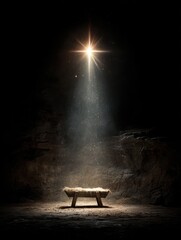 conceptual nativity scene featuring an empty wooden manger under a radiant bright star symbolizing anticipation and hope