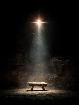conceptual nativity scene featuring an empty wooden manger under a radiant bright star symbolizing anticipation and hope