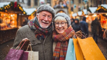 sale winter holidays and people concept  happy senior couple with shopping bags at christmas market souvenir shop on town hall square in tallinn estonia no logos no brands ar 169