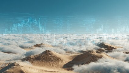 Desert landscape above clouds with overlaid financial charts