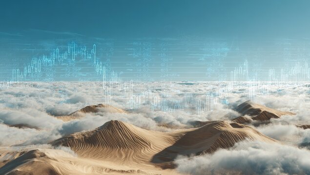 Desert landscape above clouds with overlaid financial charts