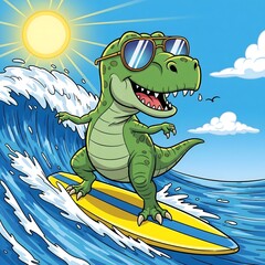Cartoon dinosaur surfing on striped surfboard, fun beach illustration