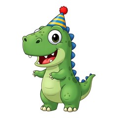 Cute cartoon dinosaur with party hat, cheerful birthday illustration