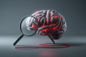 3D model of a brain with a magnifying glass, highlighting neural activity