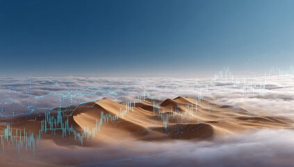 Desert landscape above clouds with overlaid financial charts (1)