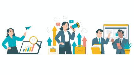 Fototapeta premium Diverse business team illustration for growth strategy success and market communication depicting data analysis and strategic partnership with career promotion