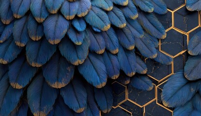Close-up view of overlapping, deep blue feathers with hints of gold, set against a geometric honeycomb pattern