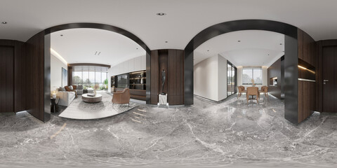 3D render  360%E2%80%91degree panoramic view of a modern living room interior