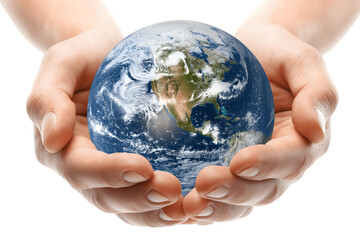 Hands cradling the Earth, symbolizing environmental protection and care isolated on white background