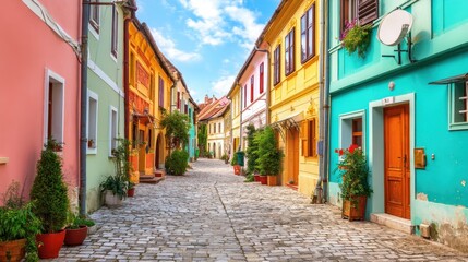 Narrow cobblestone street lined with colorful old european houses, vibrant architecture with plants and potted flowers, sunny travel scene