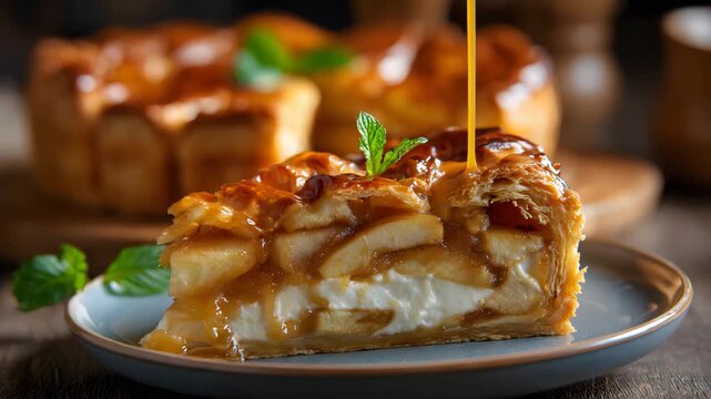 Ultra HD A slice of delicious apple pie with cream and caramel, garnished with fresh mint on a plate, perfect for a sweet dessert or autumn treat, apple pie dish cinematography
