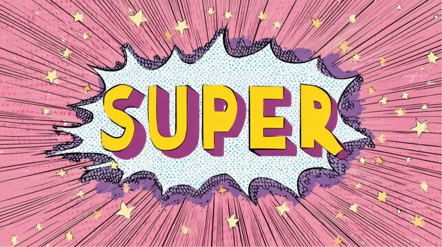 Pop art comic style speech bubble with word super. Bright, retro graphic design for energetic messaging or dynamic announcements.