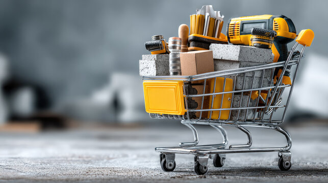 online store for construction tools and building materials with shopping cart full of products, modern ecommerce concept for renovation, hardware retail and digital trade