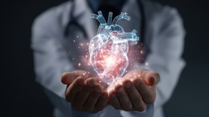 Man in doctor white coat with wireframe heart. Concept of modern medical technology and cardiology. Digital healthcare.