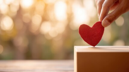 Man hand putting red heart into donation box. Charity and love concept. Volunteer social care for humanitarian assistance.