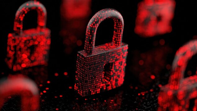 3D render of digital locks with red glowing binary code