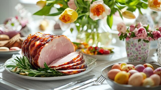 Glazed sliced baked ham with fresh rosemary on a white plate, ready for a festive holiday meal arrangement, perfect for Easter celebration.