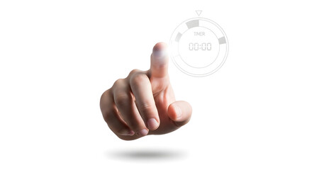 A hand with extended index finger touching an invisible surface with a digital timer overlay showing 00:00