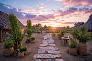 Fototapeta premium Serene Sunset Over a Tranquil Village Pathway with Tropical Plants and Rustic Huts Surrounded by Lush Nature and Vibrant Colors in a Peaceful Atmosphere