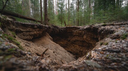 Deep pit with exposed roots and soil layers in a green forest. Environmental damage from erosion or natural sinkhole.