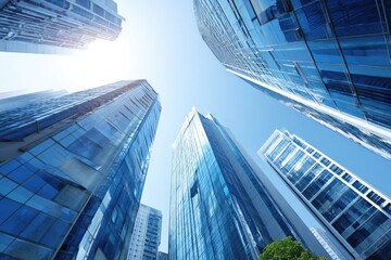 Fototapeta premium Modern skyscrapers reaching towards a clear blue sky.