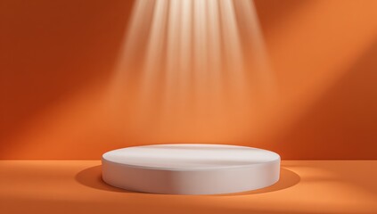 Empty, bright white podium on orange background with spotlights