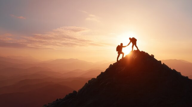 Two men climbing a mountain, one helping another reach the summit at sunset. Teamwork and leadership concept with silhouettes for business.