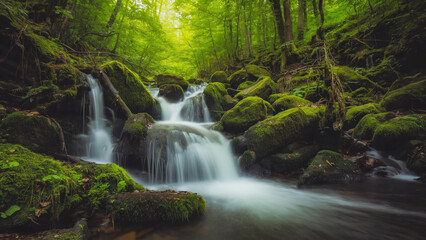 Scenic Waterfall Flowing Through Lush Green Mossy Forest