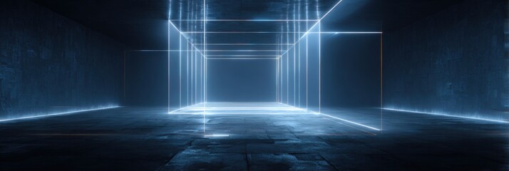 Dark, futuristic space with glowing blue lines