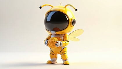 Fototapeta premium Adorable 3D cartoon character of beekeeper in futuristic yellow suit holding honeycomb. Playful apiarist transparent helmet, wings, whimsical design. Great for children themes, nature, apiculture,