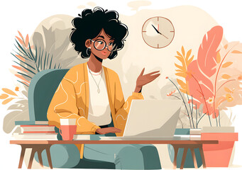 Online distance education. Teacher explain the topicof the lesson. African-ameican woman talking on laptp screen. Educational webiar vector illustration.