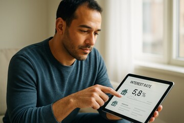 Man analyzing interest rate statistics on tablet in home environment with soft daylight background and business concept visualization. Ai generative