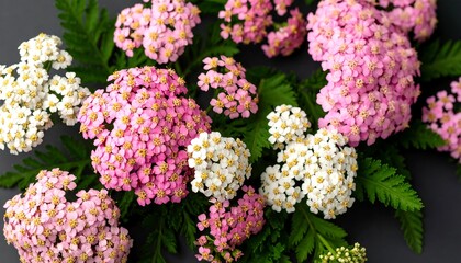 Pink  White Yarrow Flowers Flatlay.