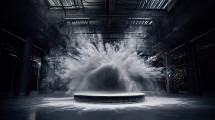 Fototapeta premium A dramatic explosion of white particles surges upward in a dark industrial room with exposed beams and ducts,