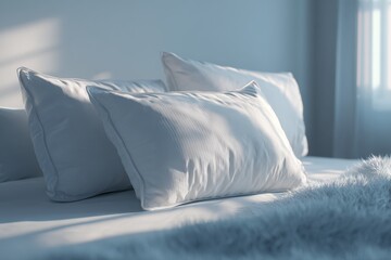 Soft white pillows on a bed in a light room