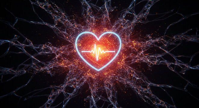 Abstract glowing neon heart with a vibrant electrocardiogram pulse radiating energy on a dark background