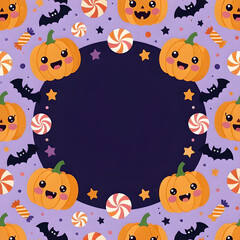 Halloween pattern featuring kawaii-style pumpkins with cute faces, playful bats fluttering around