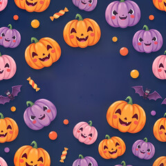 Halloween pattern featuring kawaii-style pumpkins with cute faces, playful bats fluttering around
