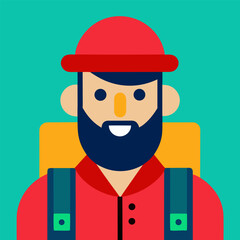 “Cartoon Vector Illustration of Bearded Traveler Man with Camera and Backpack”