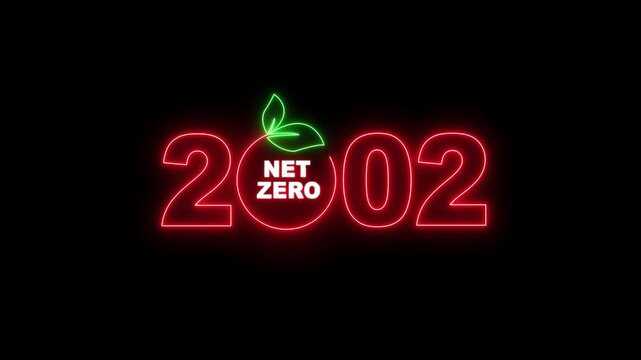 "Net Zero Emissions 2002 Neon Sign Animation, Climate Change, Carbon Neutral, Green Energy, Sustainable Development Concept on Transparent Background"