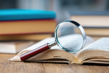 Open book with magnifying glass and books