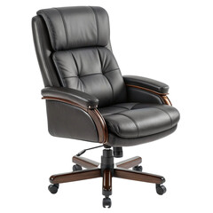 Naklejka premium Luxurious black leather executive office chair with wooden accents isolated on transparent background
