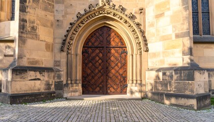 Obraz premium Ornate arched doorway of a stone church building, featuring a dark wooden door with intricate details, set against a light beige stone facade.