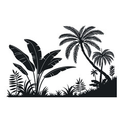 Silhouette of Palm Trees and Banana Leaves in Jungle | Tropical & Nature Vector EPS | Summer, Exotic, Landscape Design Element