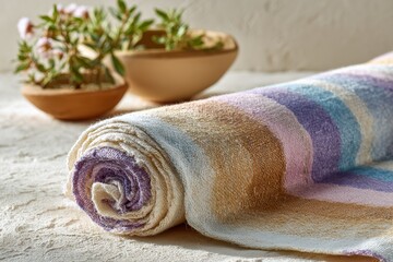 Soft and Inviting Colorful Towel with Relaxing Plants in Background, Ideal for Spa, Home, and Relaxation Settings, Adding Warmth and Calmness to Any Environment
