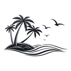 Silhouette of Tropical Island with Palm Trees and Ocean Waves | Exotic Beach Vector EPS | Summer, Travel, Holiday Design Element