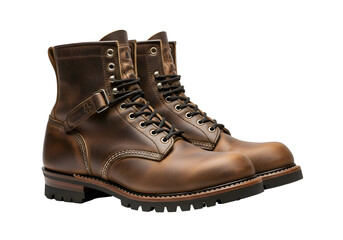 Brown Leather Work Boots on White Background.