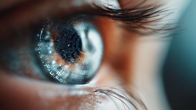 Extreme closeup of human eye with blue iris featuring digital circuit overlay patterns and futuristic data visualization elements creating cyberpunk aesthetic for tech concepts
